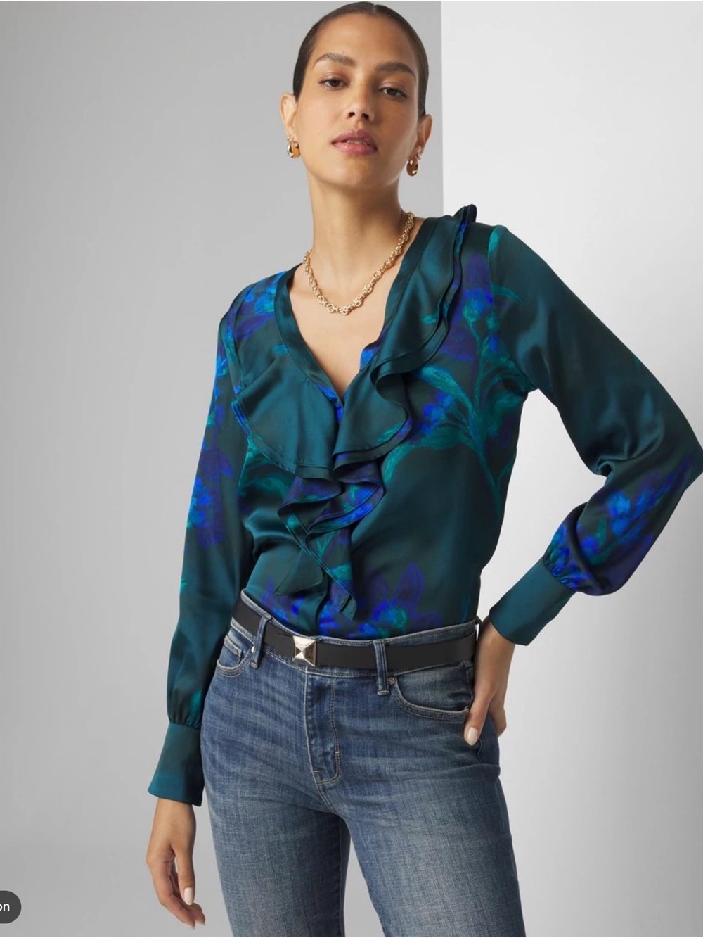 White House Black Market Teal Green Ruffle-Front Satin Blouse